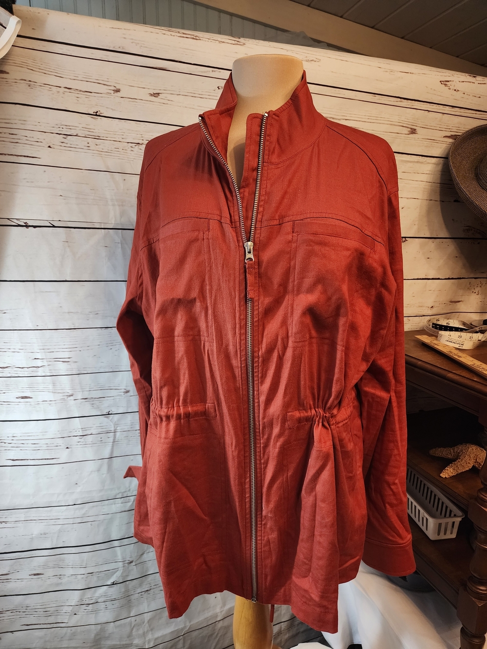 Women's Rust Zip-Front Lightweight Jacket Drawstring Waist Mandarin Collar